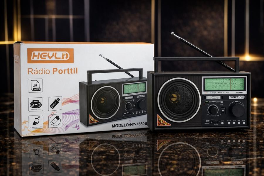 "Rádio Portátil HEYLI HY-7350BT Retrô 3 Bandas AM FM SW Bluetooth USB TF Bivolt Alça Grande"
